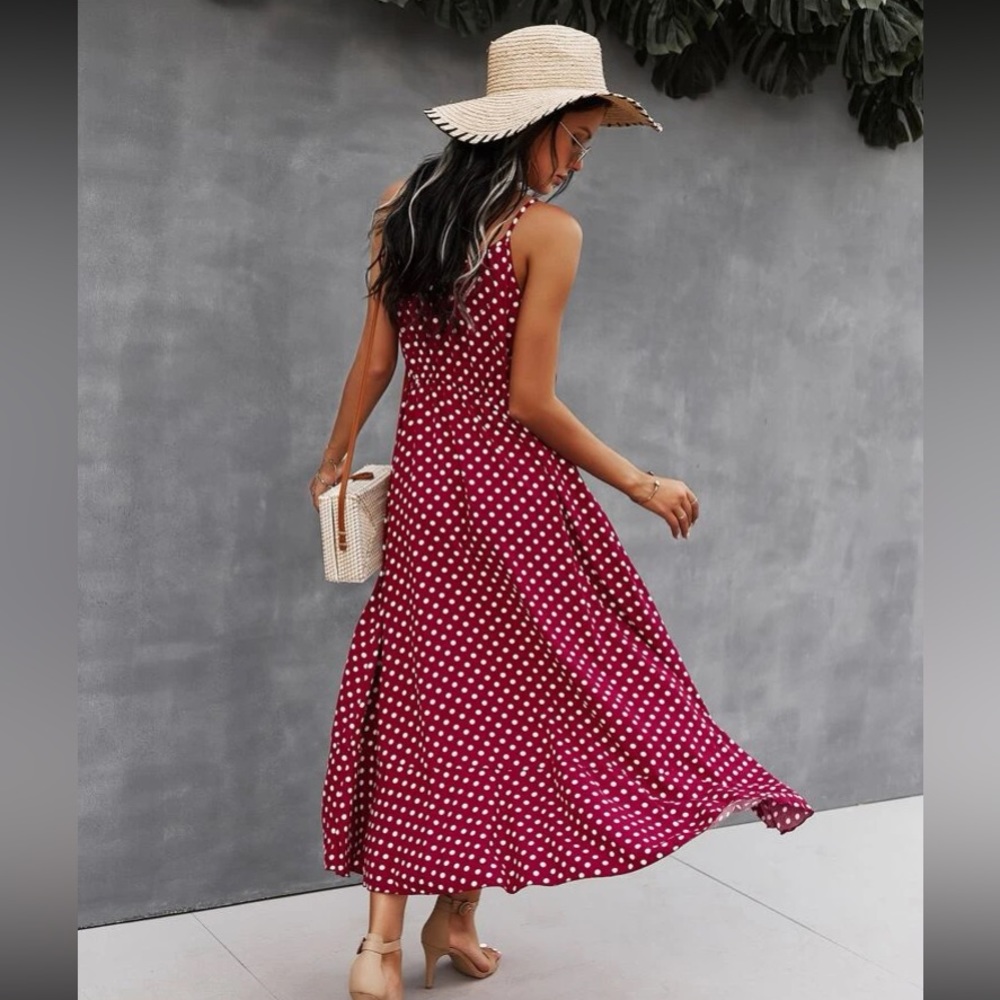 Boho polka dots print button detail drawstring waist cami dress - Picture 16 of 16